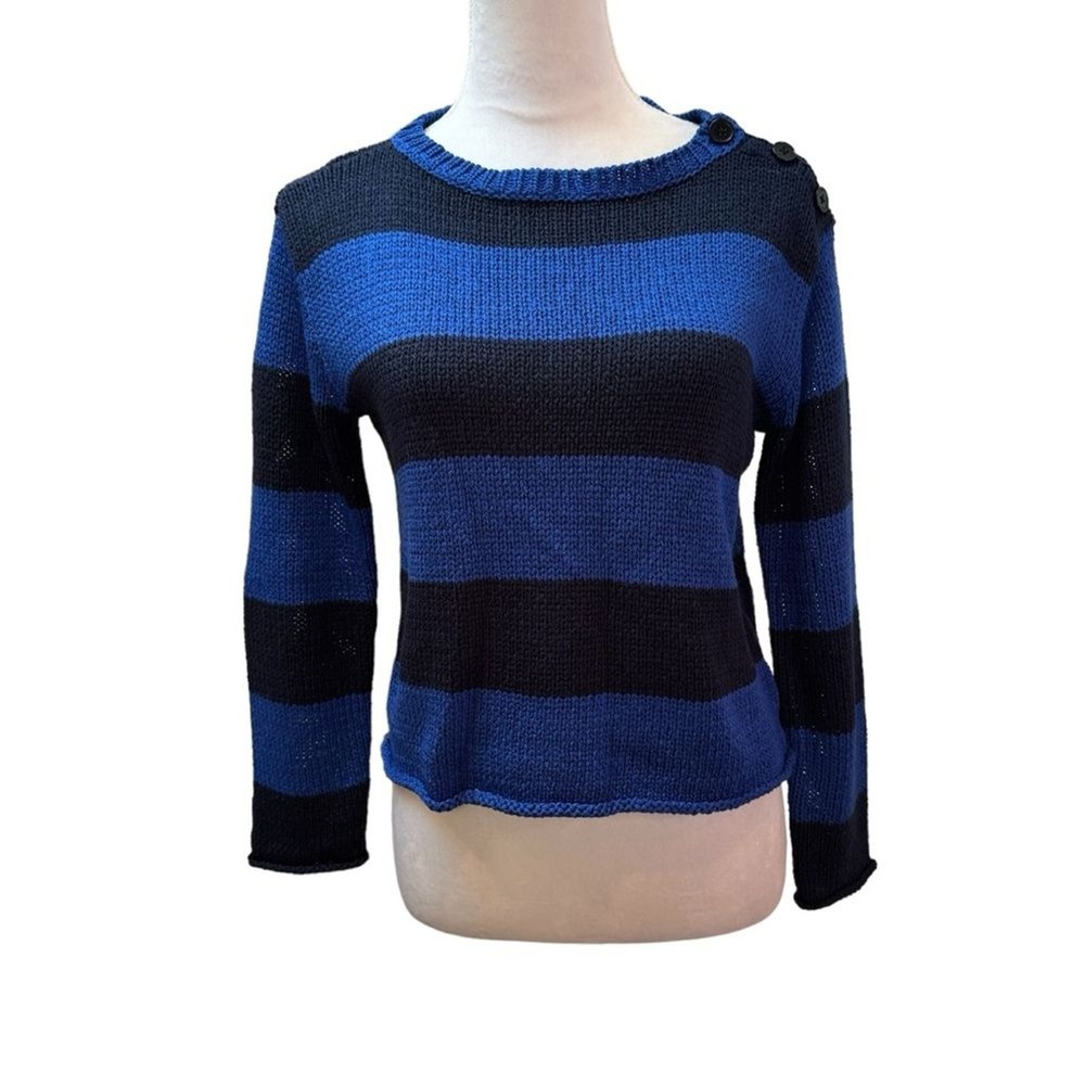 Blue & Navy Striped Knit Sweater Shoulder Button Accent Long Sleeve Casual‎ Top